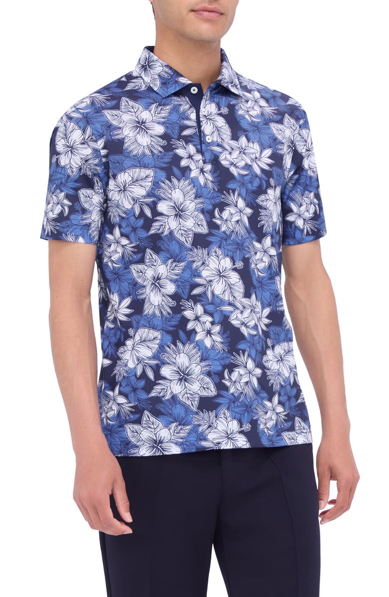 Bugatchi Hendrix Digital Floral Print Pima Cotton Polo, Main, color, Night Blue
