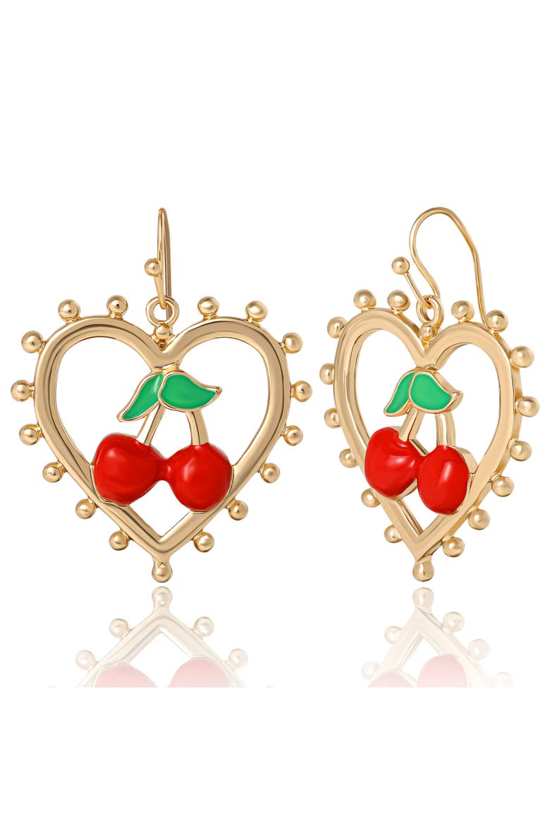 Cherry Heart Drop Earrings, Main, color, Gold tone, red