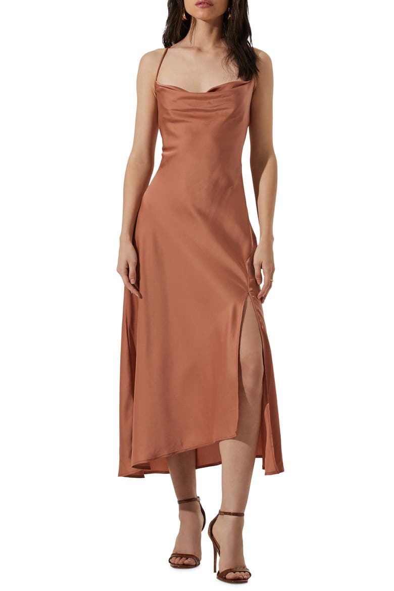 Gaia Cowl Neck Satin Dress, Main, color, NUDE