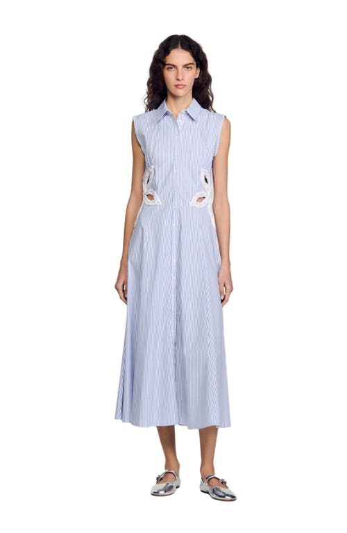 Sandro Womens Bleus Stripe-print Embroidered Stretch-cotton Maxi Dress In Sky Blue
