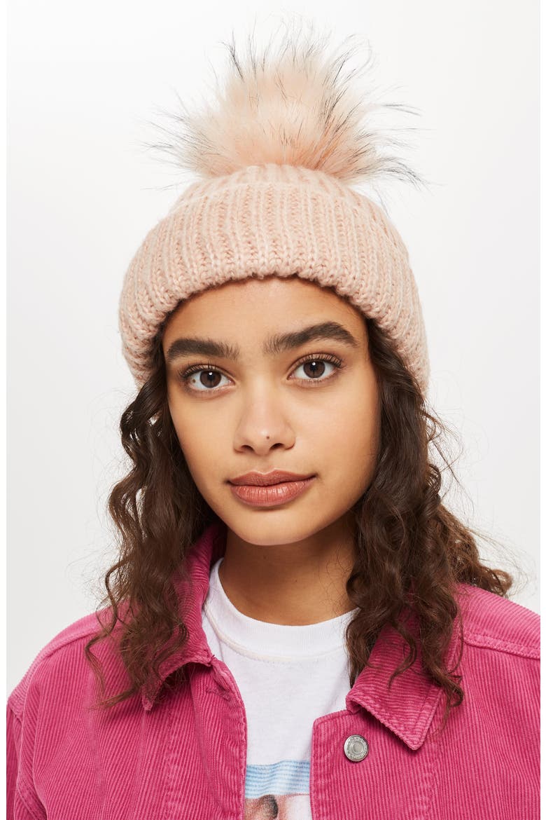 Faux Fur Pompom Beanie, Alternate, color, LIGHT PINK