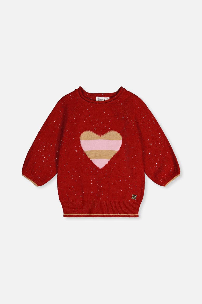 3/4 Sleeve Heart Graphic Ribbed Cuff Knitted Sweater, Main, color, Rouge