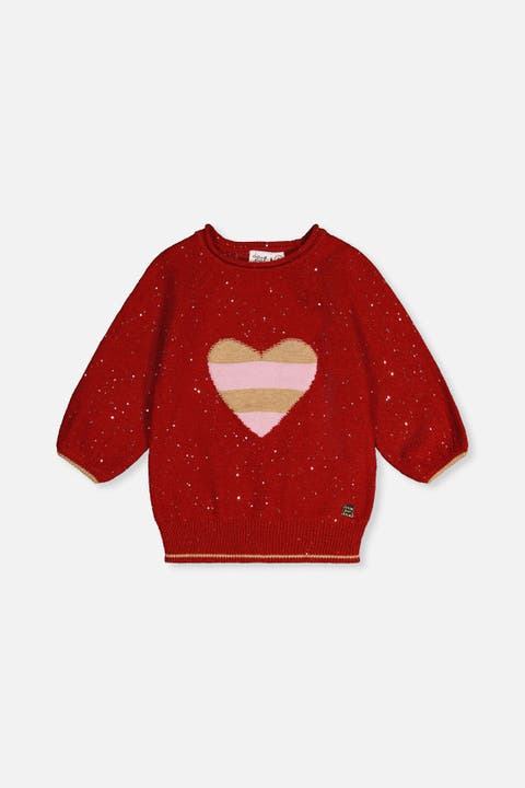 3/4 Sleeve Heart Graphic Ribbed Cuff Knitted Sweater