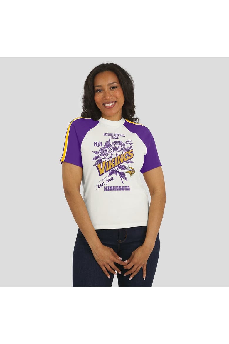 Women's WEAR by Erin Andrews White Minnesota Vikings Sleeve Stripe Distressed Raglan T-Shirt, Alternate, color, White