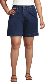 Lands' End Plus Size Soft Denim High Rise 7" Pleated Trouser Shorts
