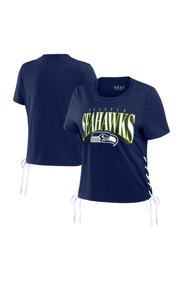 WEAR by Erin Andrews Women's WEAR by Erin Andrews College Navy Seattle Seahawks Lace Up Side Modest Cropped T-Shirt, Main, color, Navy