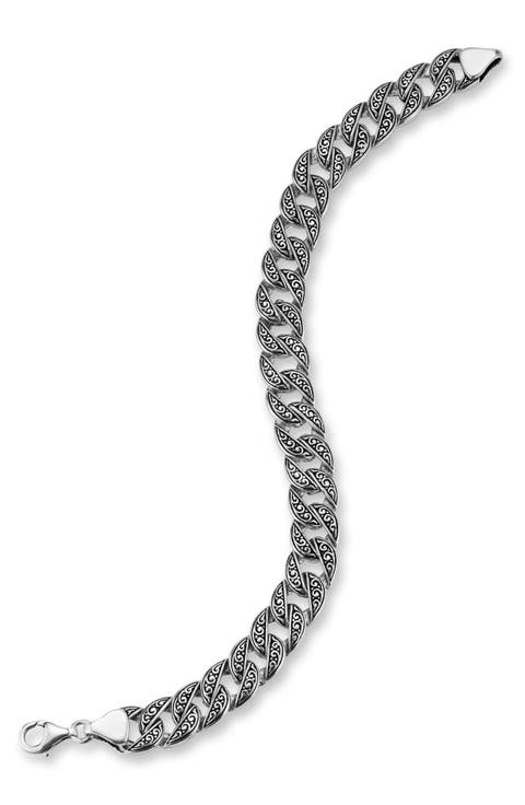 Men's Etched Oxidized Sterling Silver Curb Chain Bracelet