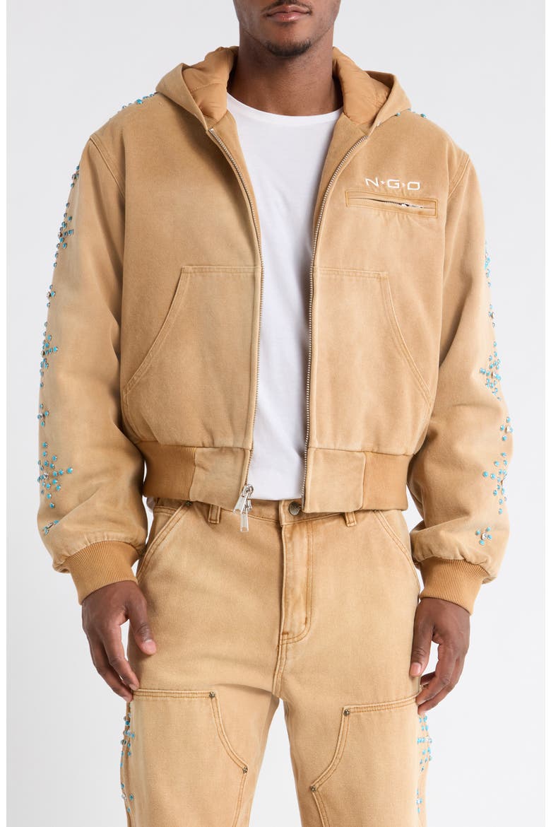 Turquoise Studded Cotton Canvas Hooded Jacket, Main, color, LIGHT BROWN