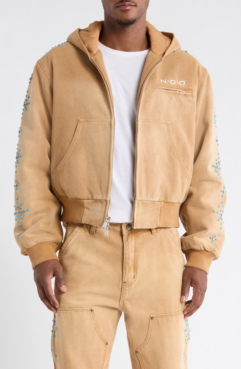 Nothing Grows Overnight Turquoise Studded Cotton Canvas Hooded Jacket, Main, color, Light Brown