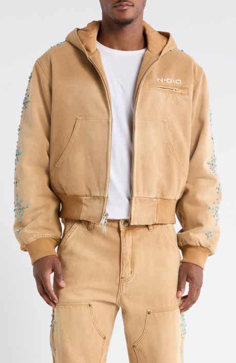 Turquoise Studded Cotton Canvas Hooded Jacket