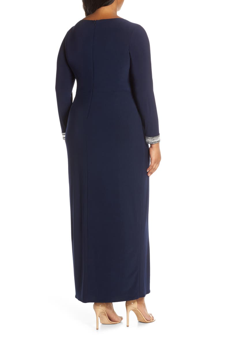 Beaded Cuff Ruched Jersey Gown, Alternate, color, NAVY