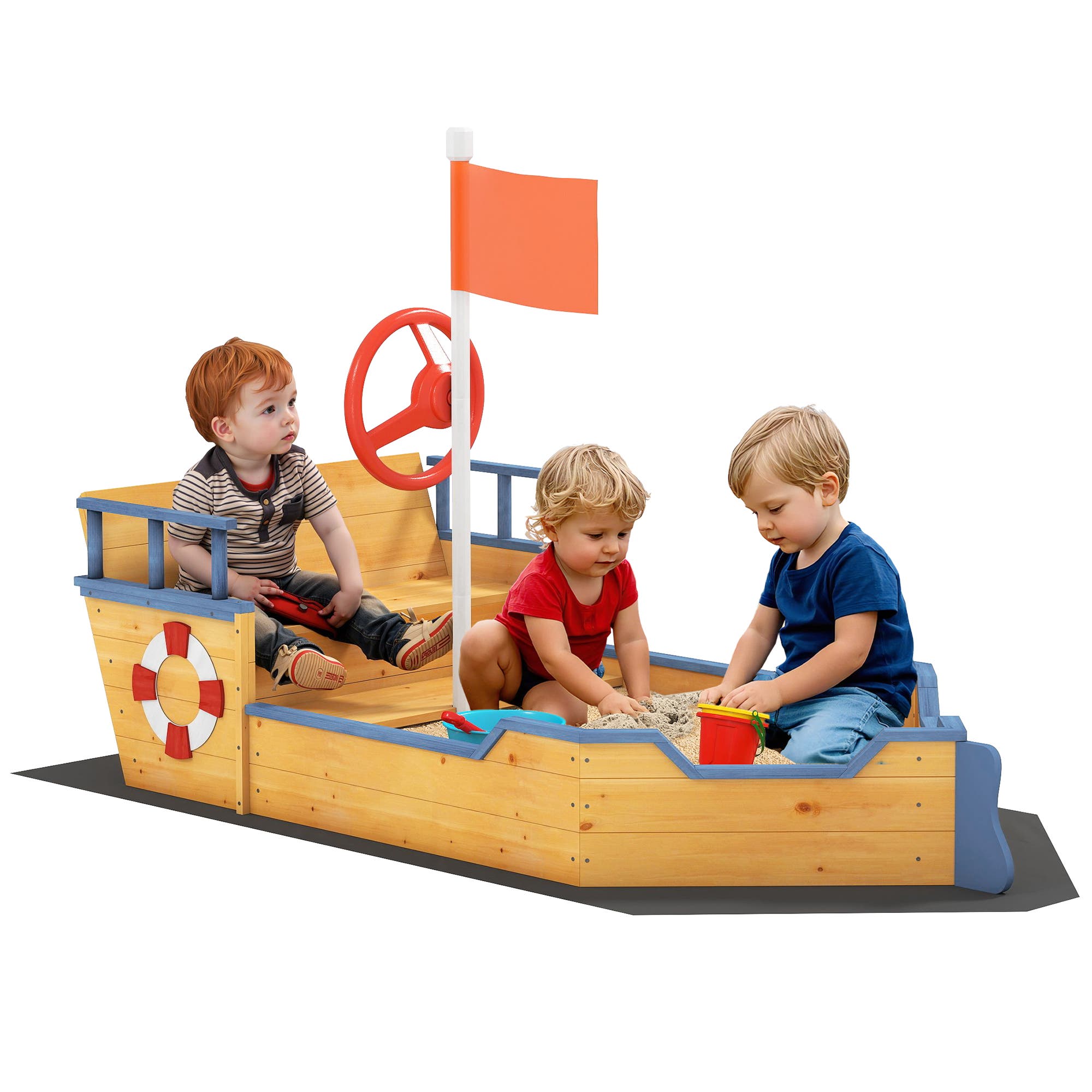 Outsunny Wooden Kids Pirate Sandbox with Bench Seats & Storage in Natural 