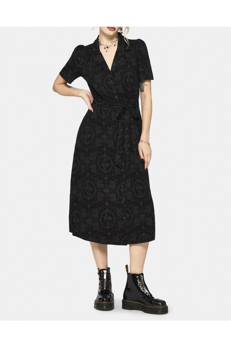 Cameo Floral Tie Belt Midi Shirt Dress, Main, color, Black