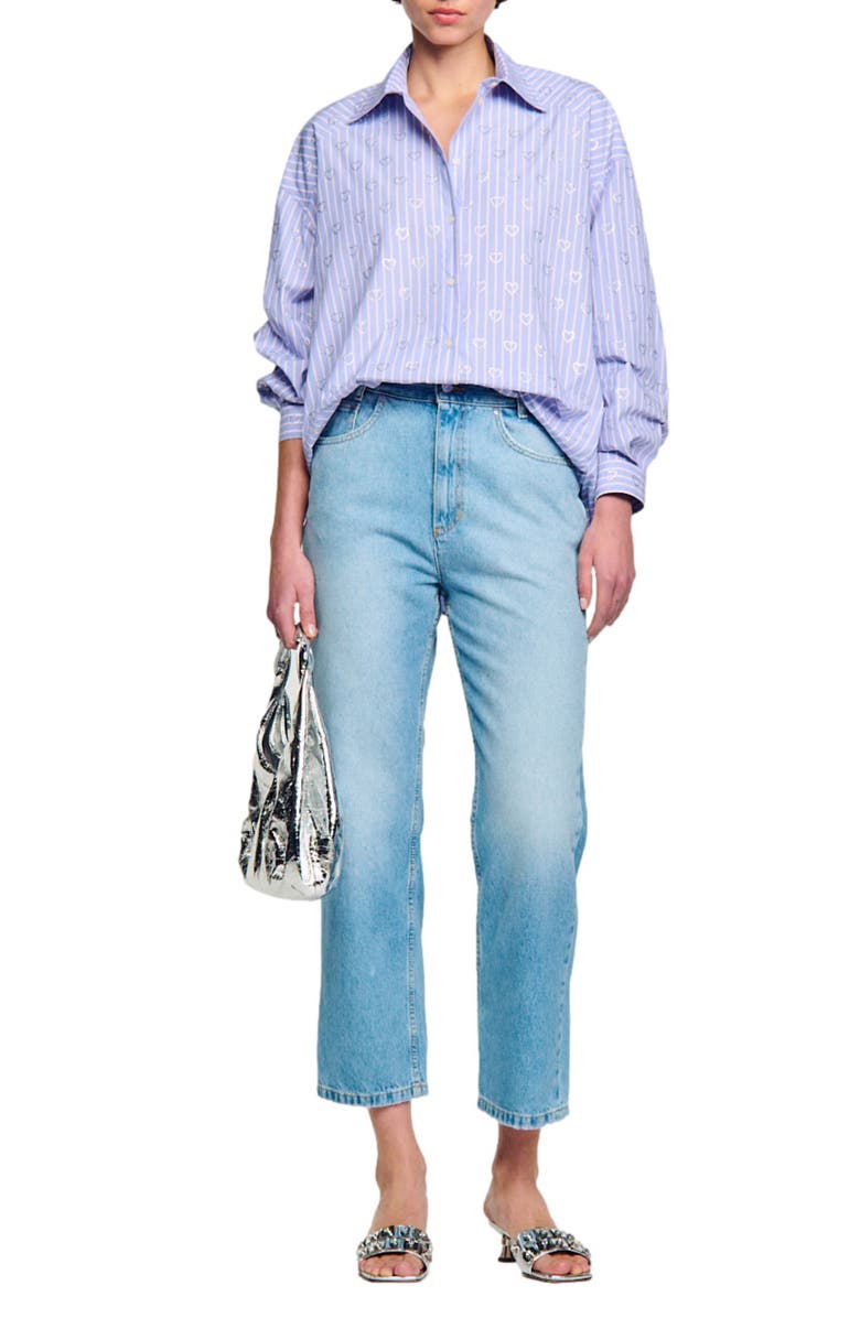 SANDRO Valentine Stripe Rhinestone Heart Cotton Button-Up Shirt, Alternate, color, 