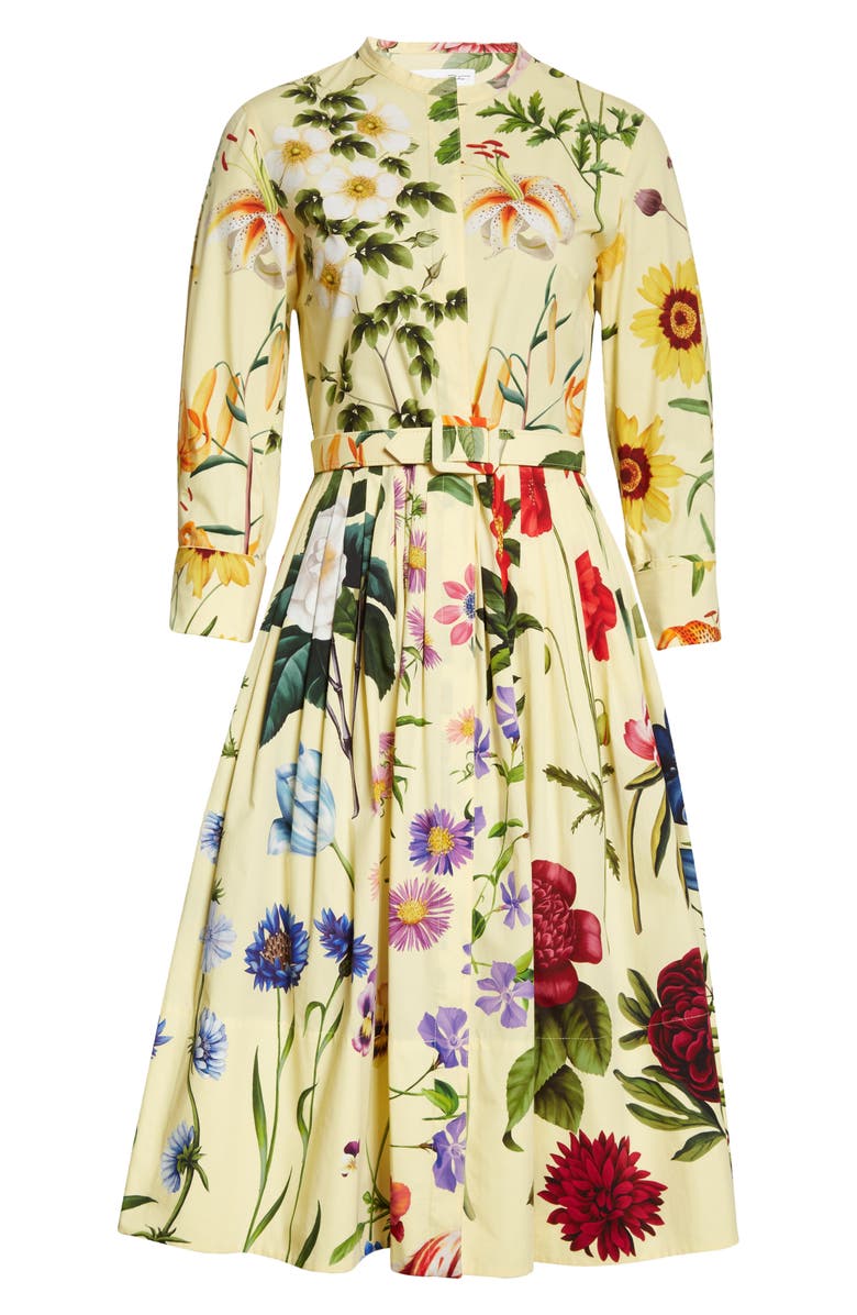 Oscar de la Renta Belted Button Front Three Quarter Sleeve Stretch Cotton Midi Dress, Alternate, color, 