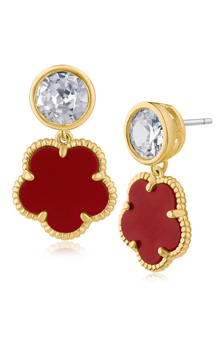 Bezel Cubic Zirconia Clover Drop Earrings, Main, color, RED/GOLD