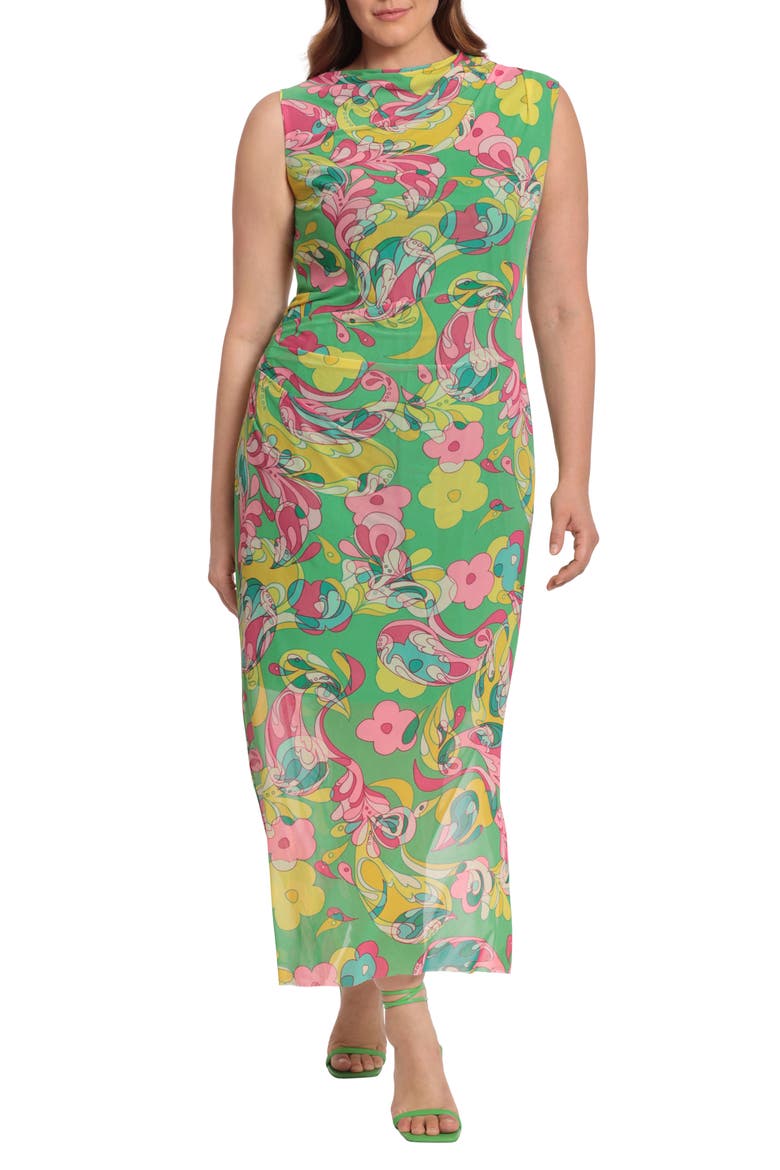 Floral Shirred Midi Dress, Main, color, ABSINTHE GREEN/ PINK