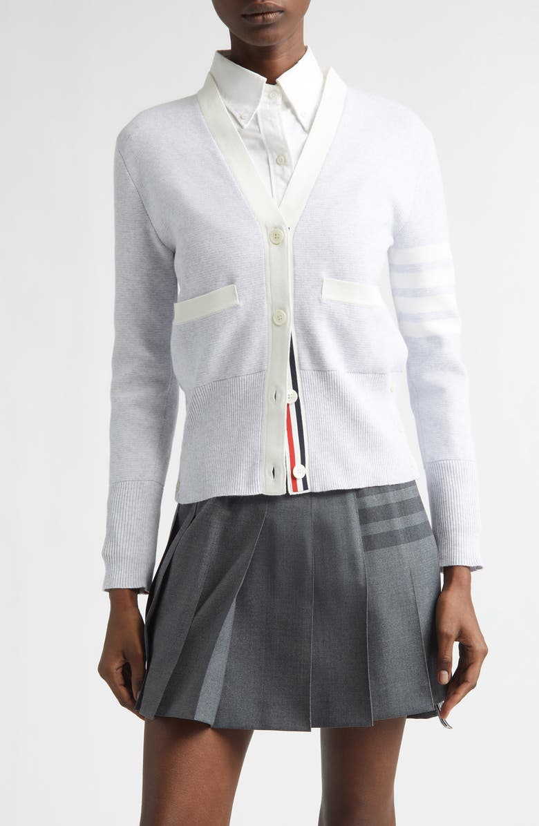 Thom Browne 4-Bar Contrast Trim Cotton Cardigan, Main, color, Pale Grey