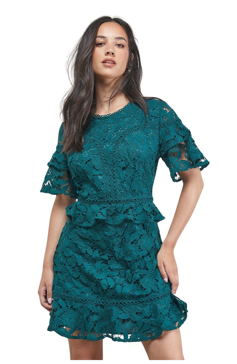 Oasis Lace Trim Detail Frill Sleeve Mini Dress, Main, color, Green
