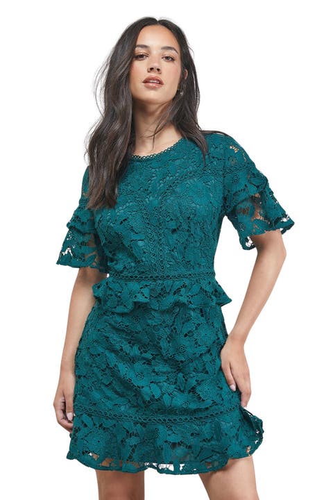 Lace Trim Detail Frill Sleeve Mini Dress