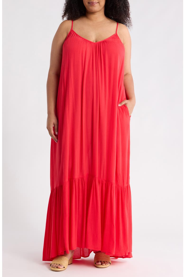 Ruffle Hem Gauze Maxi Slipdress, Main, color, RED LOLLIPOP