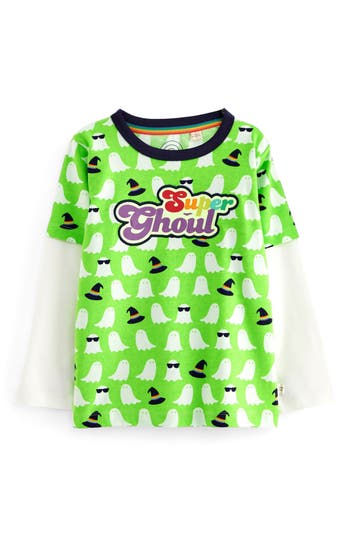 Little Bird Kids' Super Ghoul Long Sleeve Layered Look Cotton Graphic T-shirt In Green