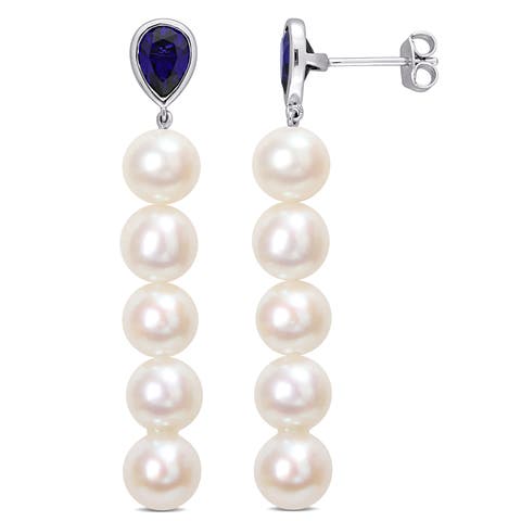 Pearl & Lab-Created Blue Sapphire Linear Earrings