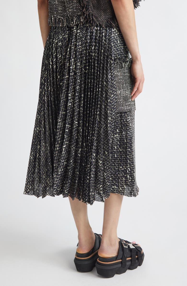 Sacai Mixed Media Fringe Tweed & Chiffon Skirt, Alternate, color, Black