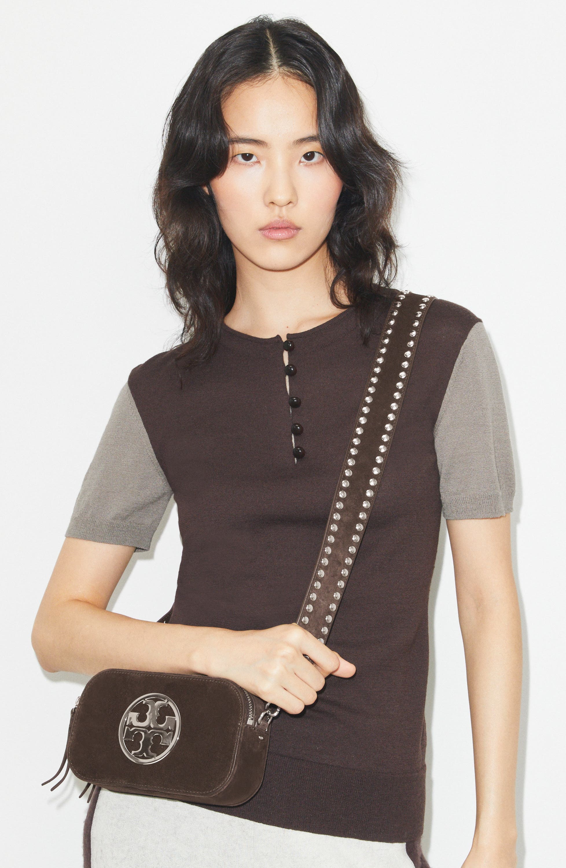 Tory Burch Mini Miller Suede Crossbody Bag, Alternate, color, Shadow Oak