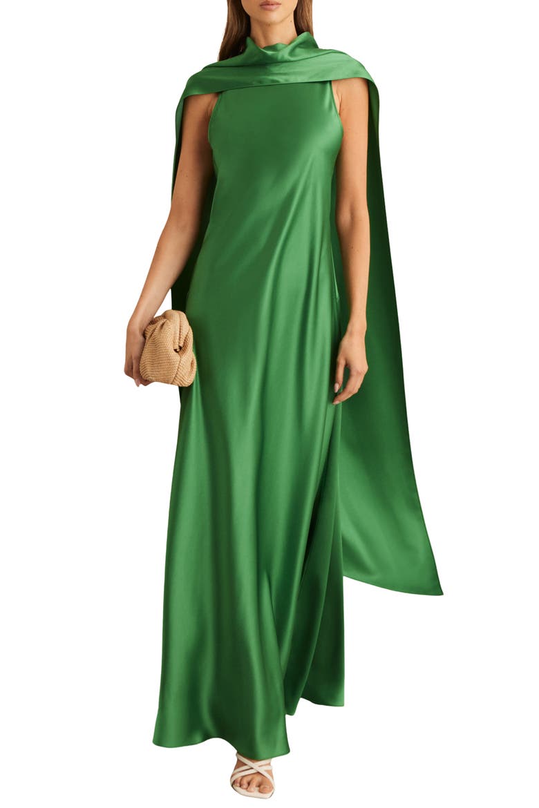 Fae Scarf Detail Satin Gown, Main, color, GREEN