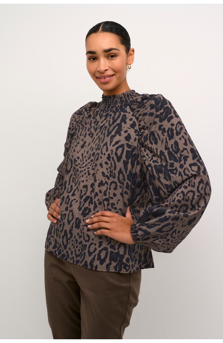 Kaffe KAjemma Puff Sleeve Print Blouse, Main, color, Major Brown/Black Leo