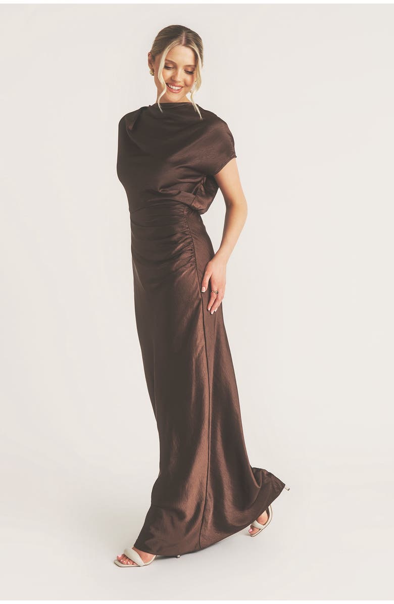 Six Stories Batwing High Neck Satin Bridesmaid Dress, Alternate, color, Chocolate