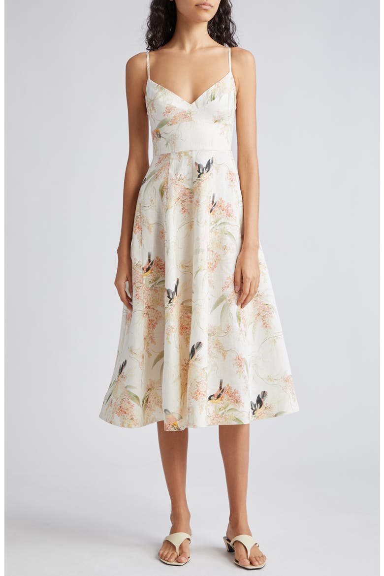 Picnic Floral Linen Midi Sundress, Main, color, CORAL BIRDS