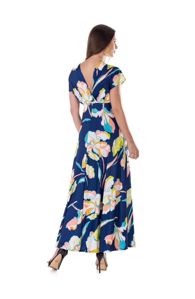 24seven Comfort Apparel Floral Print V-Neck Empire Waist Kimono Cap Sleeve Maxi Dress, Alternate, color, Navy Multi