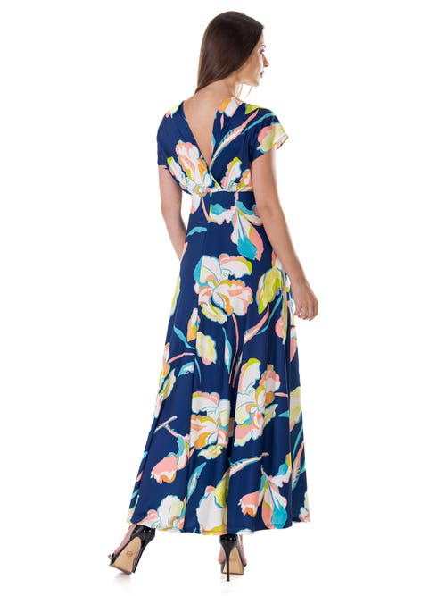 24seven Comfort Apparel Floral Print V-neck Empire Waist Kimono Cap Sleeve Maxi Dress In Multi