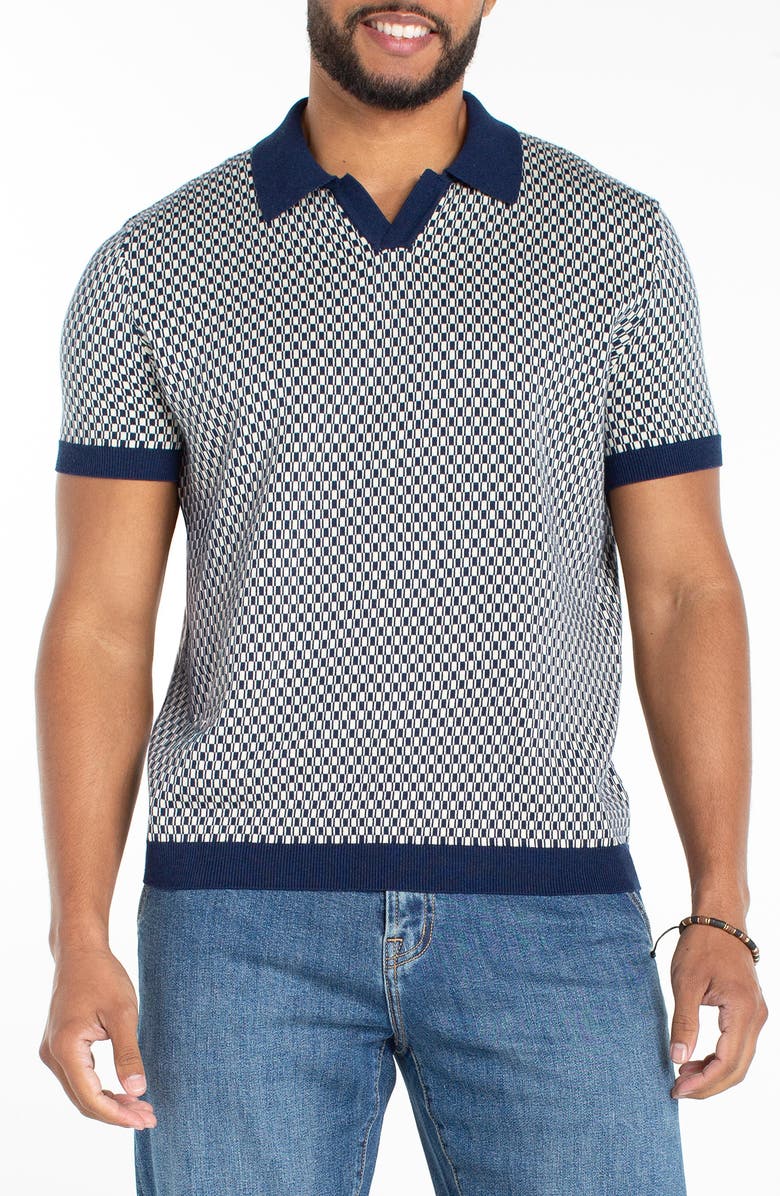 Liverpool Los Angeles Geo Pattern Johnny Collar Polo Sweater, Main, color, Navy Parchment