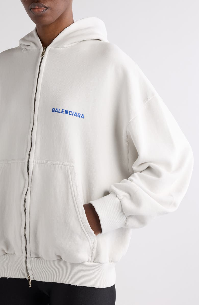 Balenciaga Logo Embroidered Distressed Dry Fleece Zip Hoodie, Alternate, color, 8016 Dirty Wht/ Sport Blue