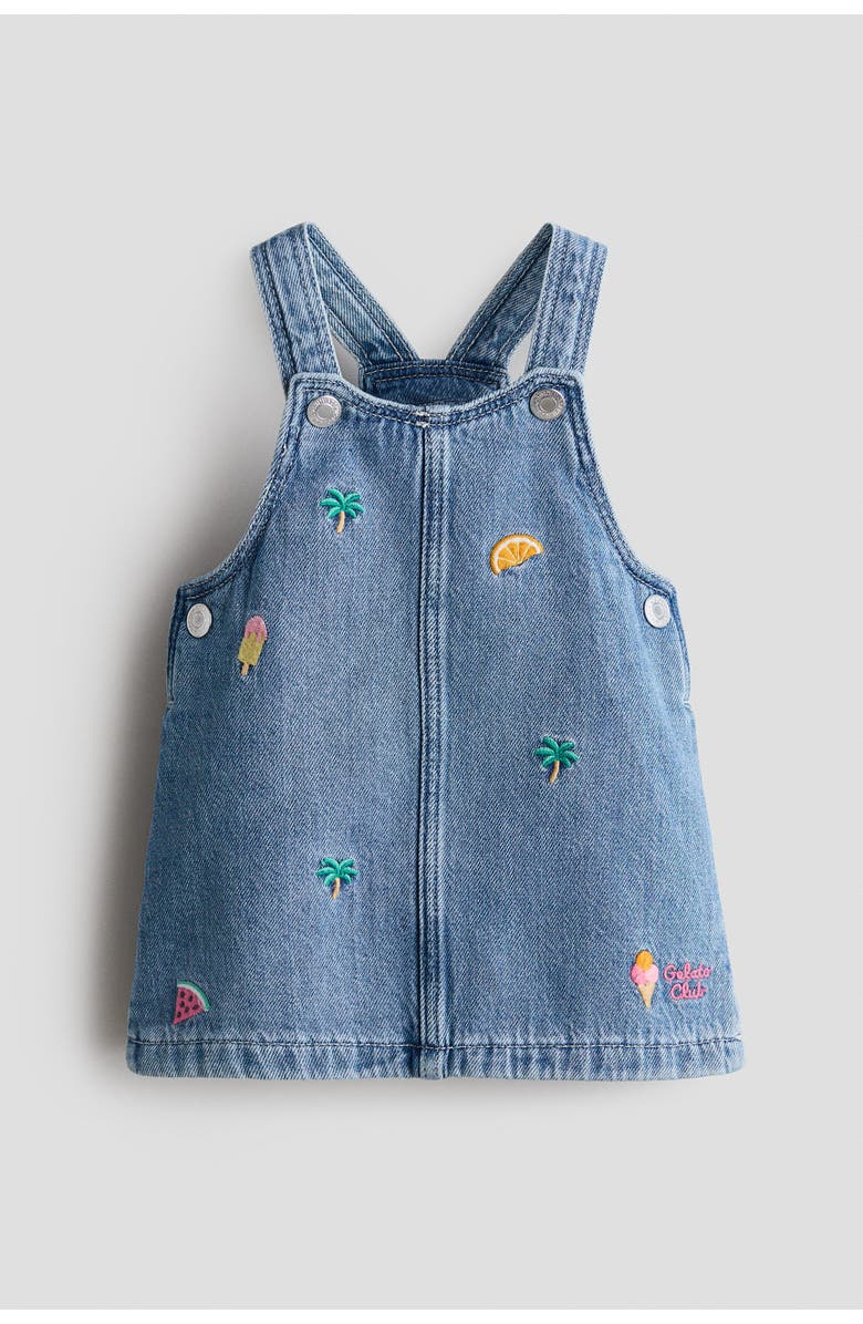 H&M Embroidery-detail Denim Dungaree Dress, Main, color, Denim Blue/Palm Trees
