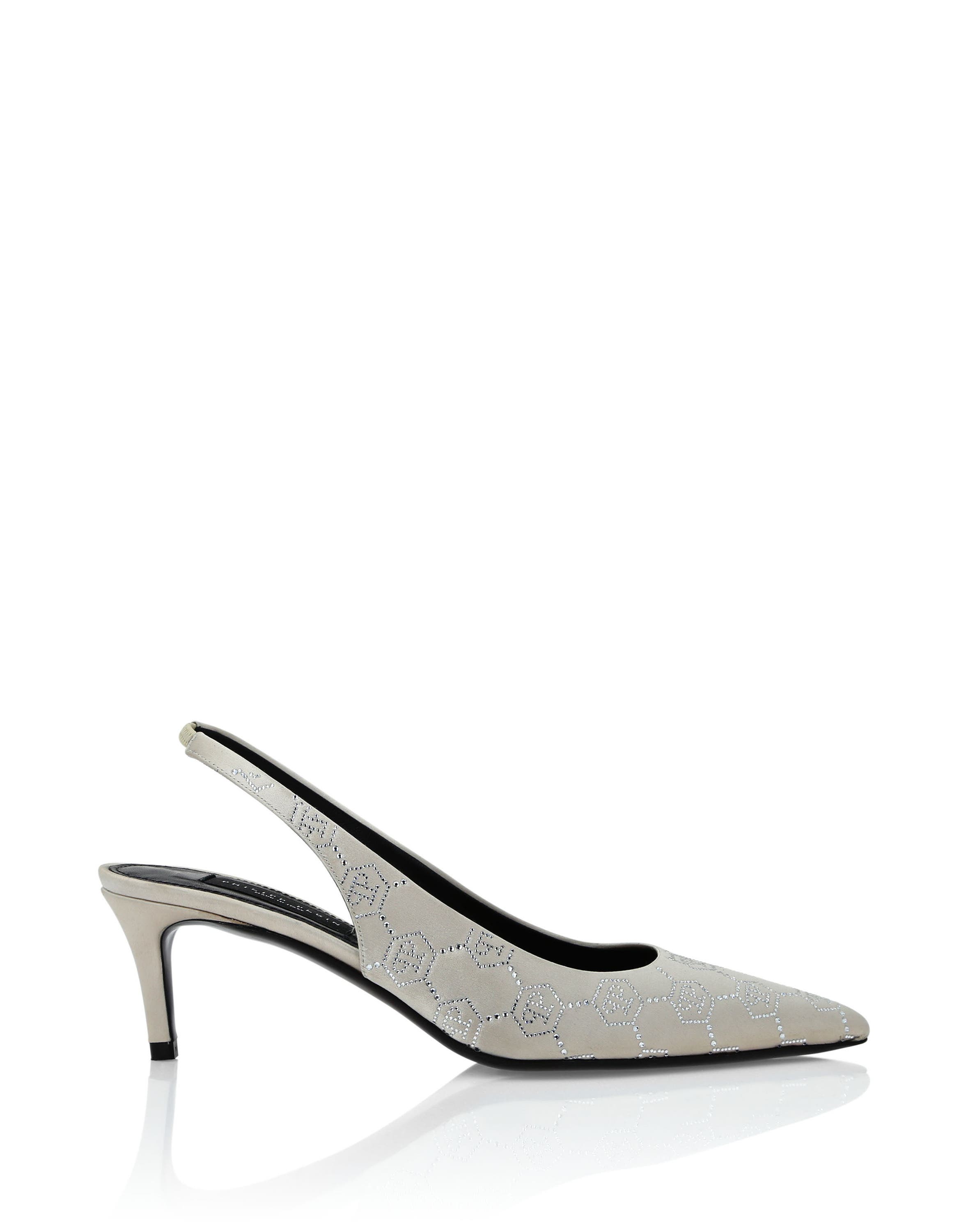Satin Slingback Shoes Low Heels Monogram Strass Women, Alternate, color, beige