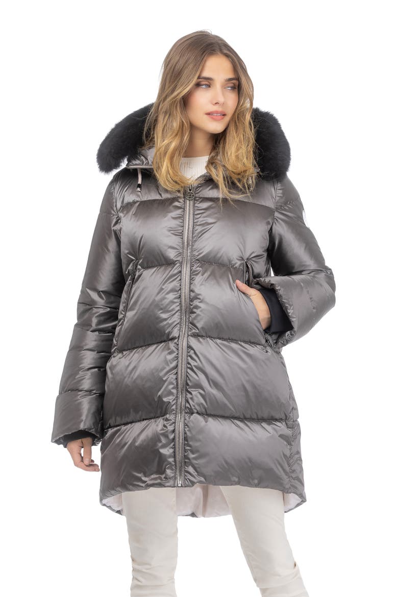 Apres-Ski Horizontal Jacket With Detachable Genuine Shearling Hood Trim, Alternate, color, GREIGE/BLACK