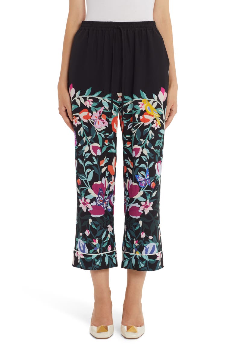 Flower Garden Print Silk Crêpe de Chine Pants, Main, color, NERO MULTICOLOR K92