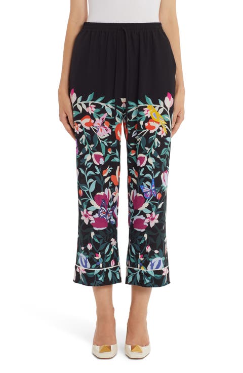 Flower Garden Print Silk Crêpe de Chine Pants