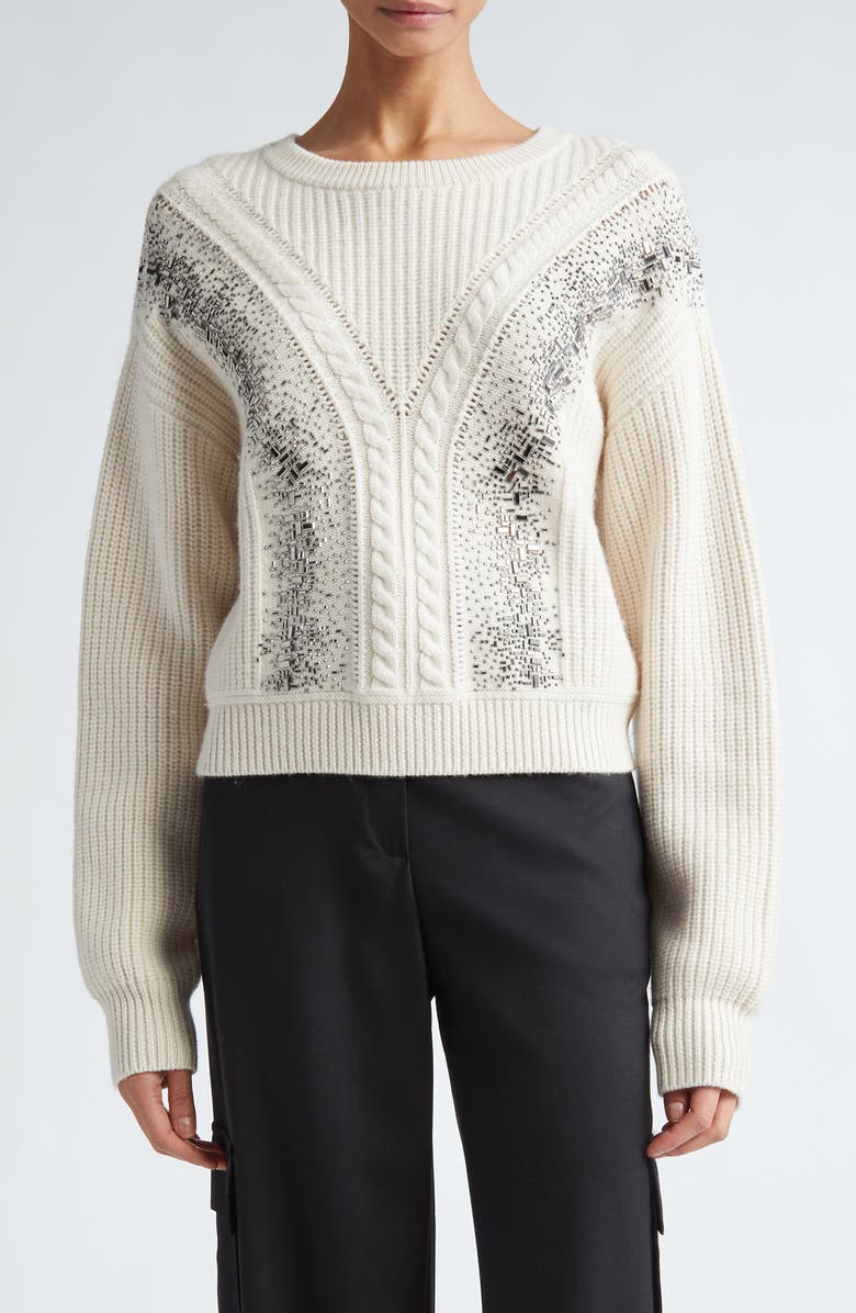 Max Mara Studio Lessy Crystal Embellished Cable Stitch Virgin Wool Sweater, Main, color, 