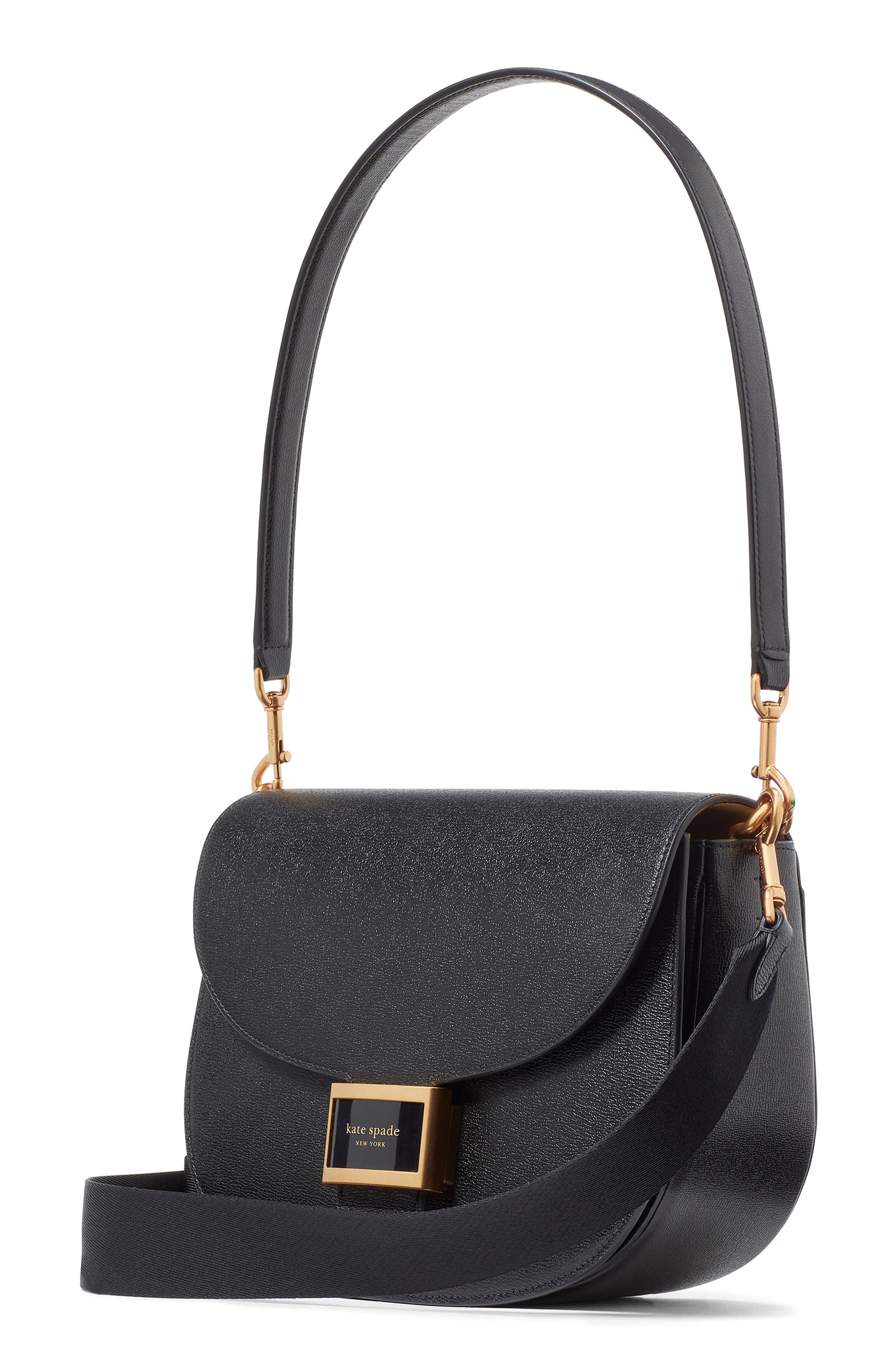 katy textured leather convertible shoulder bag, Alternate, color, BLACK