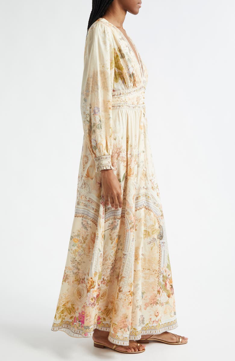 Camilla Adorned in Antiquity Lace Trim Long Sleeve Linen & Silk Maxi Dress, Alternate, color, 