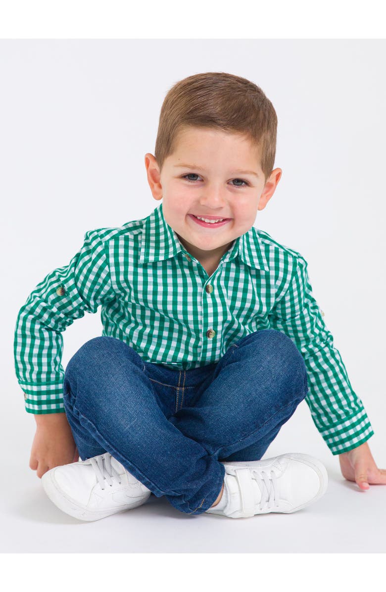 RuggedButts Boys Long Sleeve Button Down Shirt, Alternate, color, Classic Emerald Green Gingham