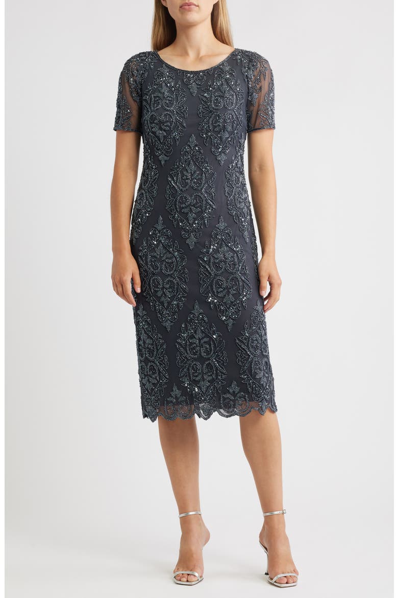 Beaded Cocktail Midi Dress, Main, color, SLATEDNU