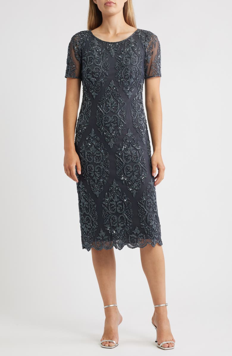 Pisarro Nights Beaded Cocktail Midi Dress, Main, color, Slate