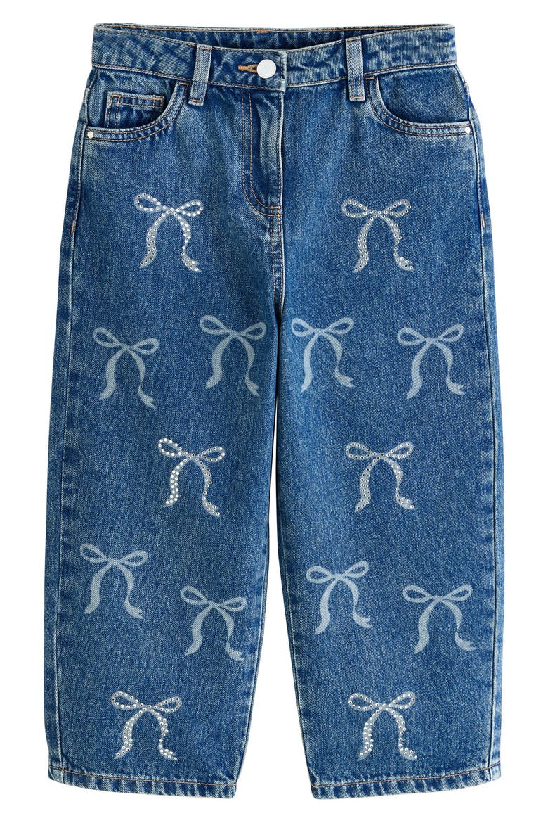 Kids' Sequin Bow Barrel Jeans, Main, color, BLUE