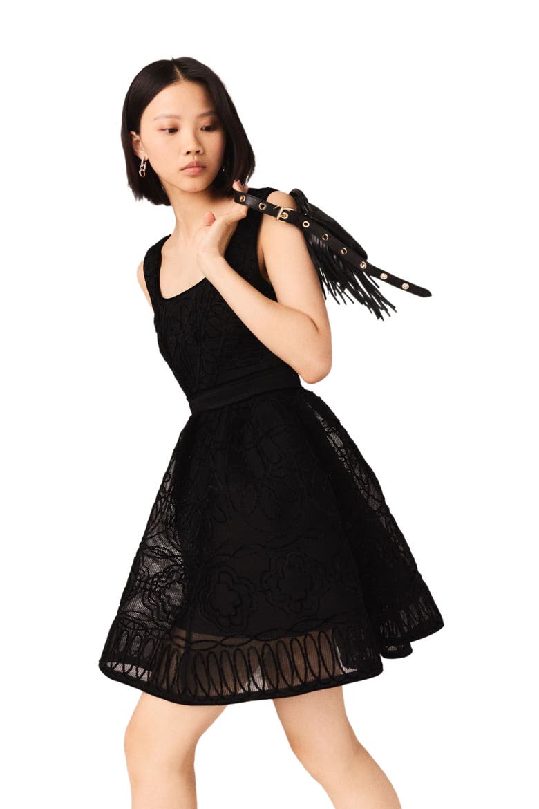 Short embroidered basket knit dress, Alternate, color, Black